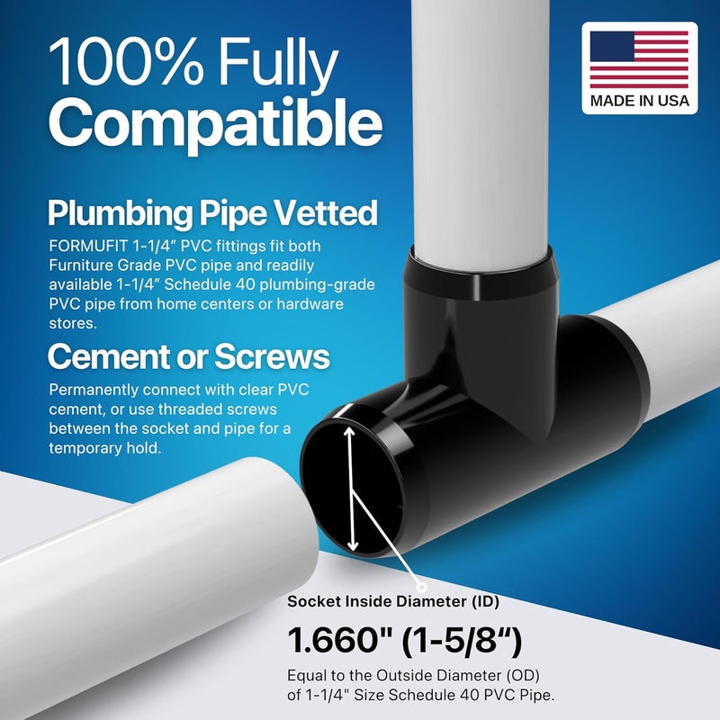FORMUFIT 1-1/4" Tee Furniture Grade PVC Fitting in Black, Made in USA, UV-Resistant, Impact-Proof, 1.660” Actual Socket Diameter (Pack of 4) - F114TEE-BK-4 - Image 5