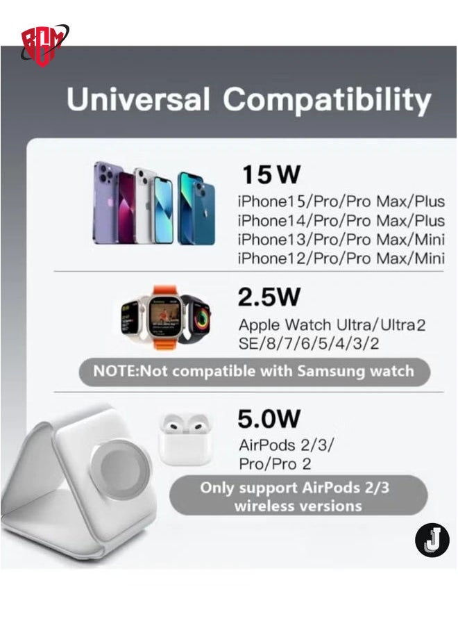 BGM - "NEW 3-in-1 Mag-Safe Wireless Charger 15W Foldable Charging Station for iPhone, Apple Watch & AirPods (White)" - Image 1