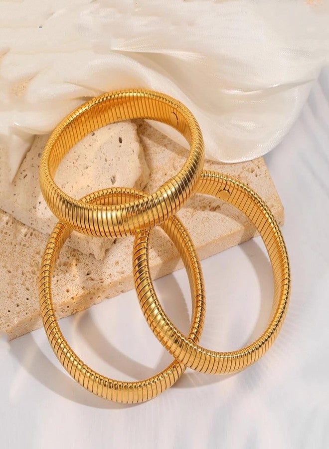 JUNYANGY Gold Bangles for Women Set of 3 Chunky Stretch Bangles Bracelets 24K Gold Plated Stainless Steel Bracelets Flexible Wide Stack Bracelets Designer Look Alike Jewelry for Women, 8.5, Stainless - Image 5