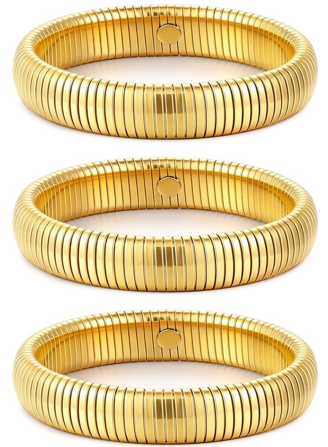 JUNYANGY Gold Bangles for Women Set of 3 Chunky Stretch Bangles Bracelets 24K Gold Plated Stainless Steel Bracelets Flexible Wide Stack Bracelets Designer Look Alike Jewelry for Women, 8.5, Stainless - Image 1