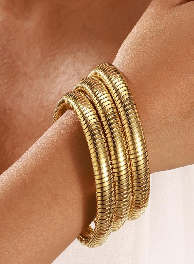 JUNYANGY Gold Bangles for Women Set of 3 Chunky Stretch Bangles Bracelets 24K Gold Plated Stainless Steel Bracelets Flexible Wide Stack Bracelets Designer Look Alike Jewelry for Women, 8.5, Stainless - Image 2
