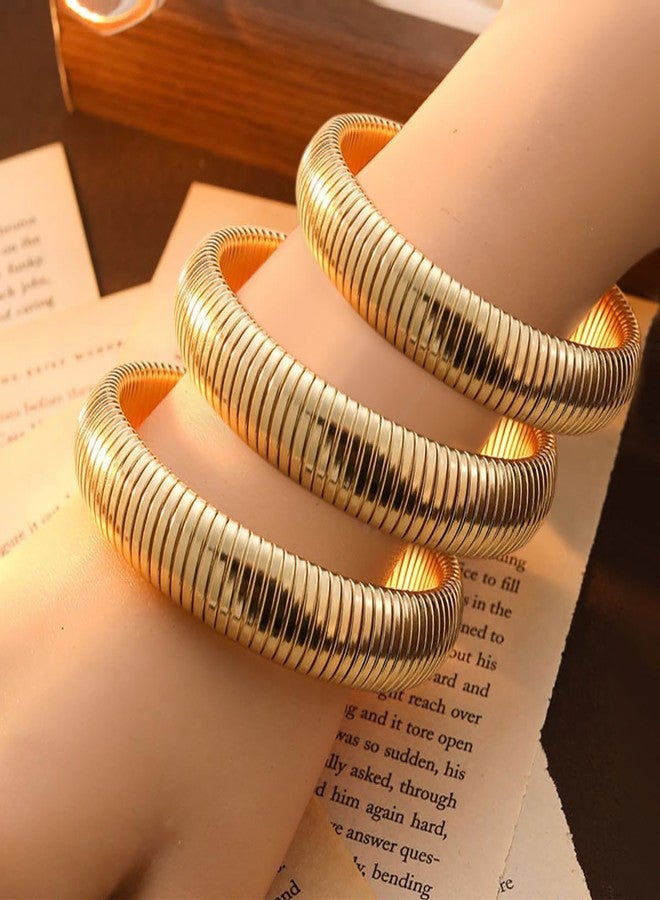 JUNYANGY Gold Bangles for Women Set of 3 Chunky Stretch Bangles Bracelets 24K Gold Plated Stainless Steel Bracelets Flexible Wide Stack Bracelets Designer Look Alike Jewelry for Women, 8.5, Stainless - Image 3