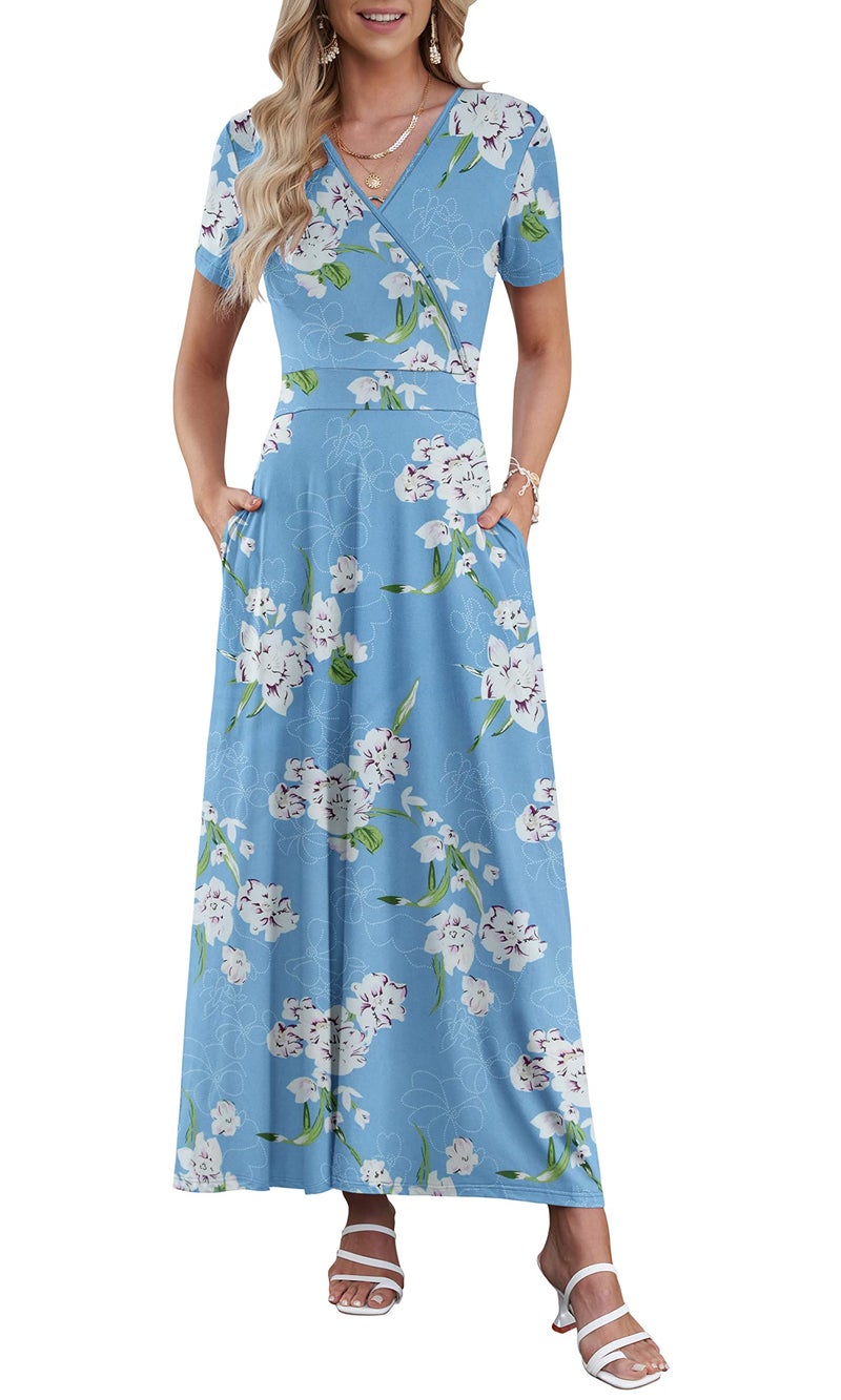 AUSELILY Maxi Dresses for Women Ankle Length Floral Print Beach Long Flowy Dress with Pockets Floral Light Blue M - Image 1