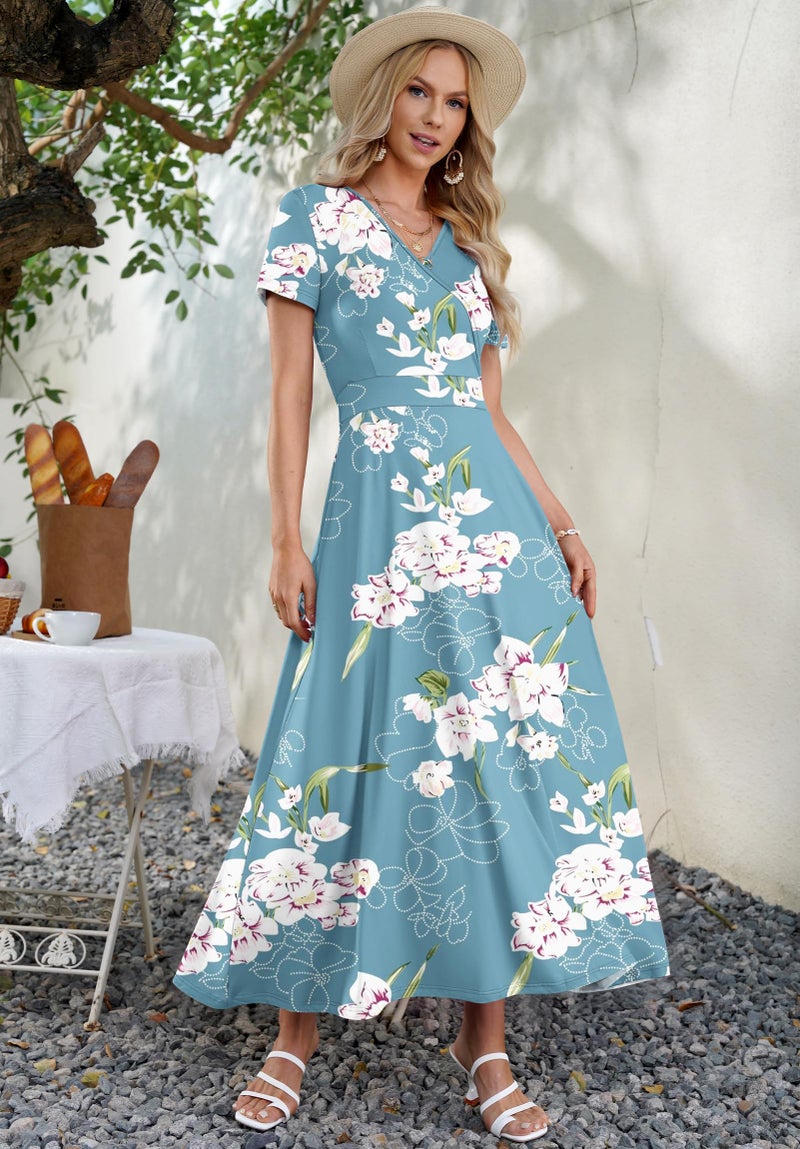 AUSELILY Maxi Dresses for Women Ankle Length Floral Print Beach Long Flowy Dress with Pockets Floral Light Blue M - Image 5