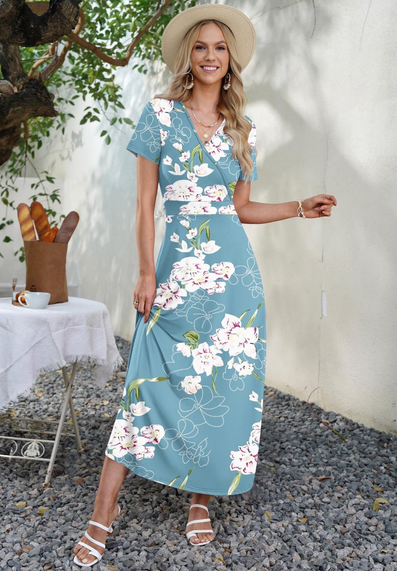AUSELILY Maxi Dresses for Women Ankle Length Floral Print Beach Long Flowy Dress with Pockets Floral Light Blue M - Image 4
