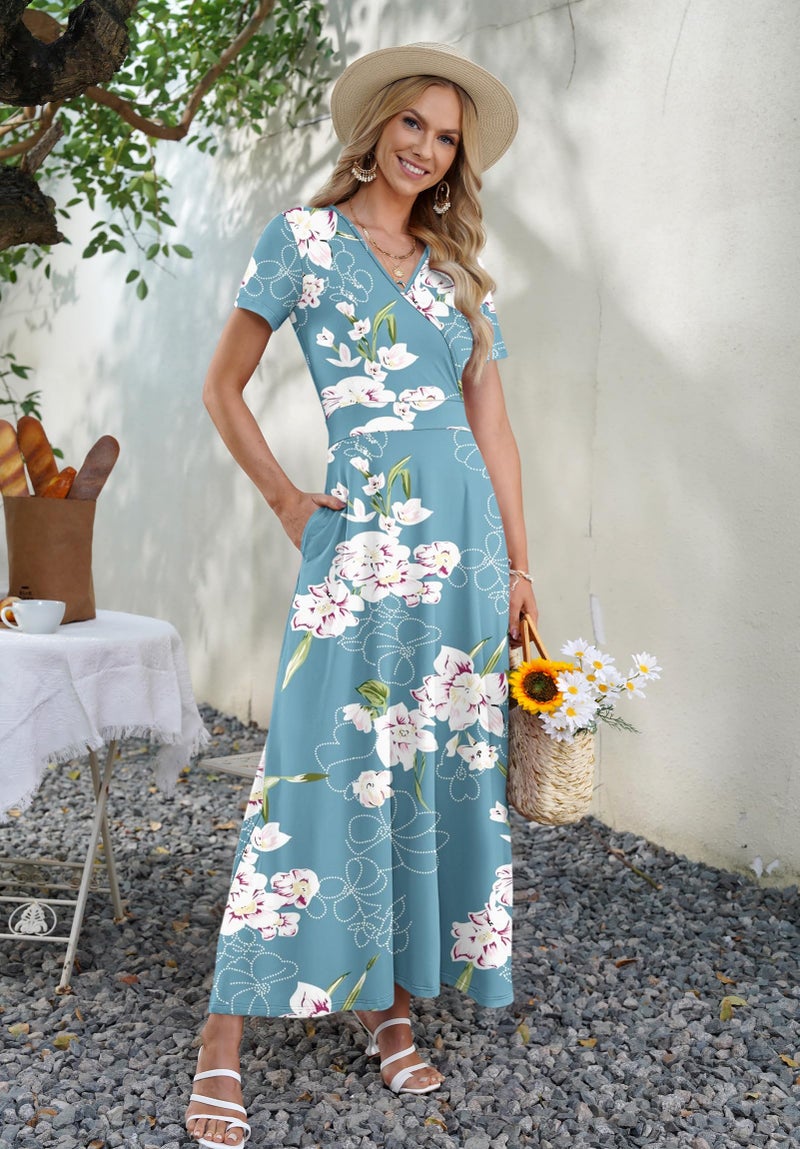 AUSELILY Maxi Dresses for Women Ankle Length Floral Print Beach Long Flowy Dress with Pockets Floral Light Blue M - Image 3