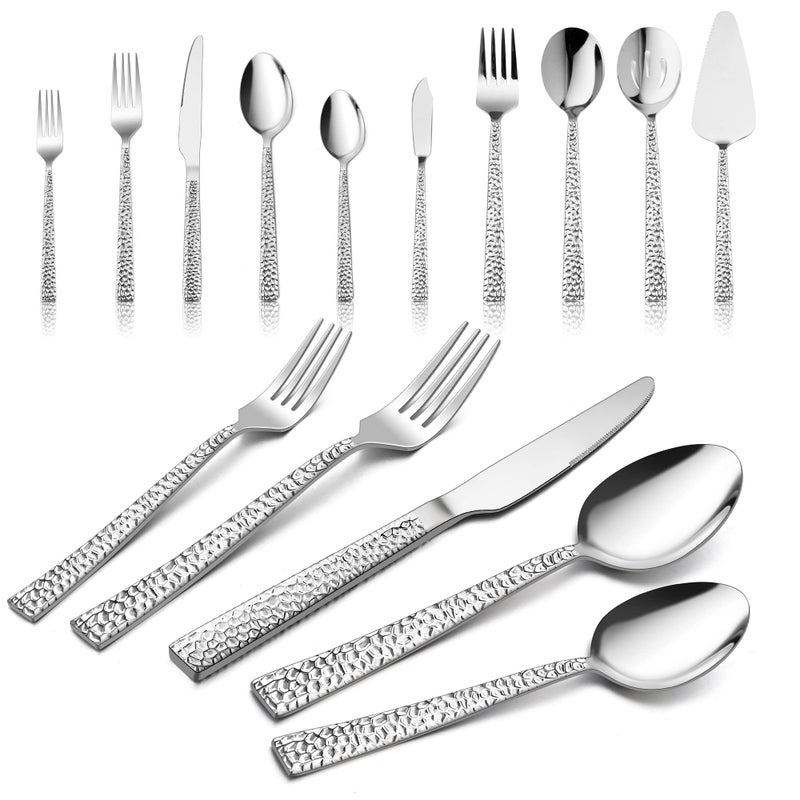 HaWare 45Piece Hammered Silverware Set with Serving Utensils Stainless Steel Flatware with Square Edge for 8 Fancy Cutlery Tableware Include Knifes Forks Spoons Mirror Polished Dishwasher Safe