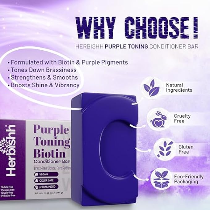 Herbishh PURPLE TONING CONDITIONER BAR FOR BLONDE, SILVER & GRAY HAIR, NEUTRALIZES BRASSINESS, ADDS SHINE & MOISTURE, BIOTIN CONDITIONER BAR, SULFATE-FREE, ECO-FRIENDLY, TRAVEL-READY, 3.53 OZ - Image 3