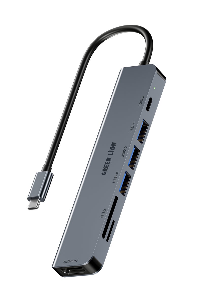 GREEN LION 7 in 1 USB-C Hub with 4K HDMI Port & PD 87W Fast Charging / SD & TF Card Input / 3 USB-A Ports / 5Gbps Data Transfer / Aluminum Alloy Material - Grey - Image 1