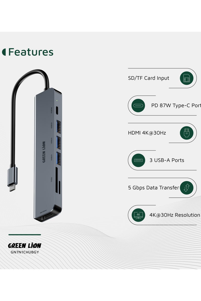 GREEN LION 7 in 1 USB-C Hub with 4K HDMI Port & PD 87W Fast Charging / SD & TF Card Input / 3 USB-A Ports / 5Gbps Data Transfer / Aluminum Alloy Material - Grey - Image 2