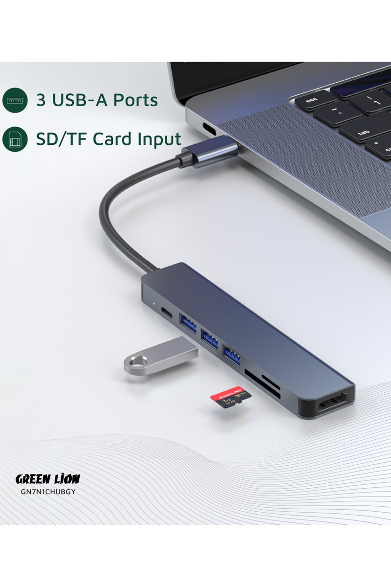 GREEN LION 7 in 1 USB-C Hub with 4K HDMI Port & PD 87W Fast Charging / SD & TF Card Input / 3 USB-A Ports / 5Gbps Data Transfer / Aluminum Alloy Material - Grey - Image 3
