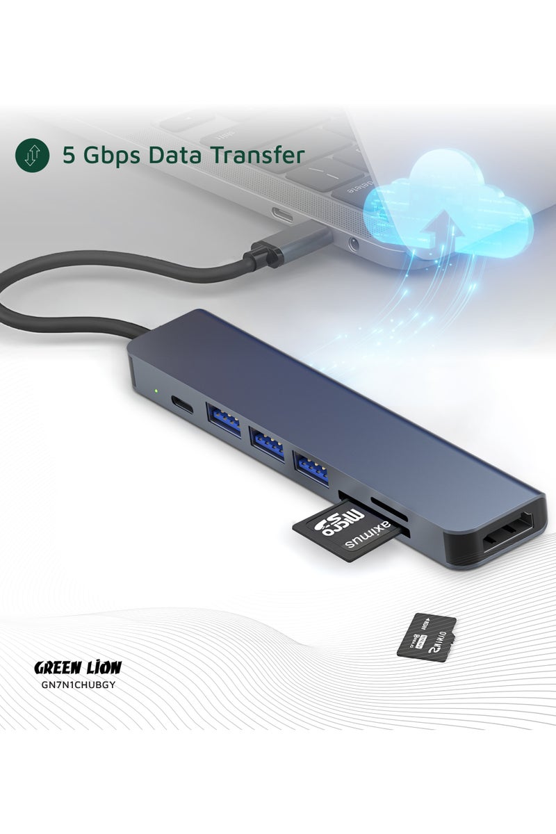 GREEN LION 7 in 1 USB-C Hub with 4K HDMI Port & PD 87W Fast Charging / SD & TF Card Input / 3 USB-A Ports / 5Gbps Data Transfer / Aluminum Alloy Material - Grey - Image 4