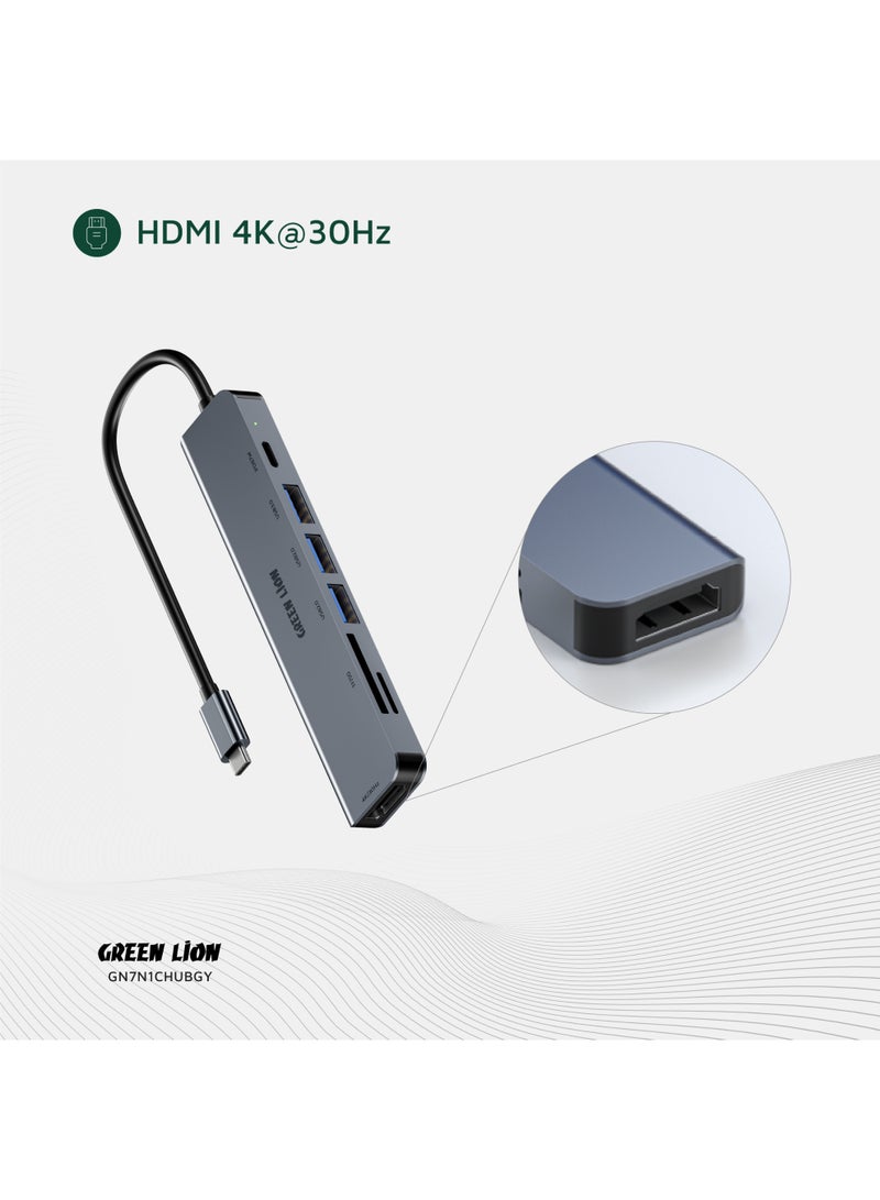 GREEN LION 7 in 1 USB-C Hub with 4K HDMI Port & PD 87W Fast Charging / SD & TF Card Input / 3 USB-A Ports / 5Gbps Data Transfer / Aluminum Alloy Material - Grey - Image 5