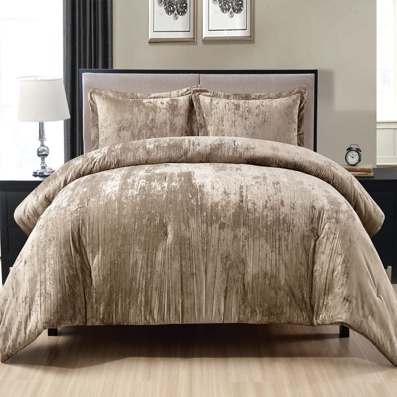 Fredsure Crinkle Velvet Comforter Set, 3 Pieces Khaki King, Crinkle Velvet Face and Brushed Microfiber Reverse, with Light Poly Fill - Image 1