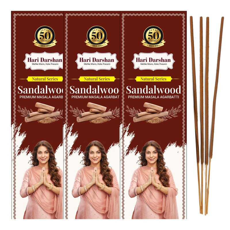 Hari Darshan Hari Darshan Sandalwood Premium Masala Agarbatti Natural Incense Sticks Pack of 3 Approx 120 Sticks 40 Sticks60gm Per Pack Long Lasting Fragrance for Daily Pooja Havan Meditation and Yoga  - Image 1