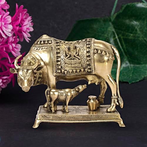 ARTVARKO Brass Cow and Calf Statue Kamdhenu Laxmi Ganesha Engraved on Gau MATA Idol, Spiritual Vastu Nandi Pooja Decor, Gold Color 10 Inch - Image 1