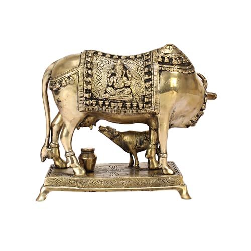 ARTVARKO Brass Cow and Calf Statue Kamdhenu Laxmi Ganesha Engraved on Gau MATA Idol, Spiritual Vastu Nandi Pooja Decor, Gold Color 10 Inch - Image 3