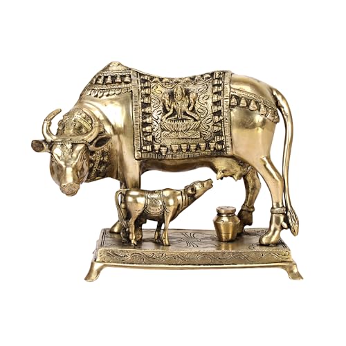 ARTVARKO Brass Cow and Calf Statue Kamdhenu Laxmi Ganesha Engraved on Gau MATA Idol, Spiritual Vastu Nandi Pooja Decor, Gold Color 10 Inch - Image 2