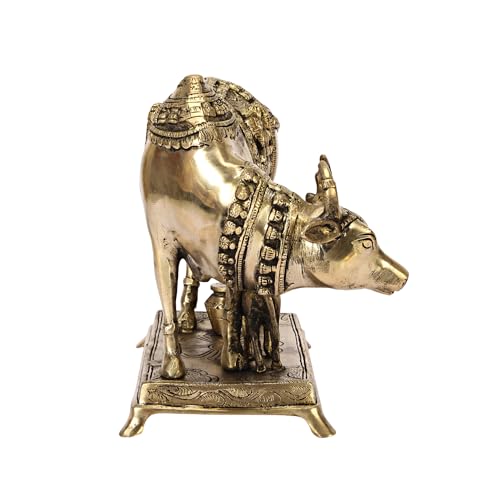 ARTVARKO Brass Cow and Calf Statue Kamdhenu Laxmi Ganesha Engraved on Gau MATA Idol, Spiritual Vastu Nandi Pooja Decor, Gold Color 10 Inch - Image 5