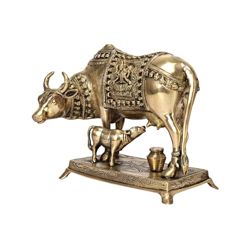ARTVARKO Brass Cow and Calf Statue Kamdhenu Laxmi Ganesha Engraved on Gau MATA Idol, Spiritual Vastu Nandi Pooja Decor, Gold Color 10 Inch - Image 4