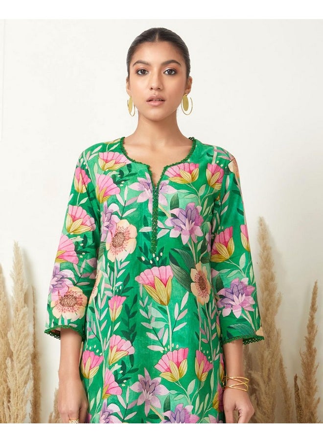 ANNI DESIGNER ANNI DESIGNER Women's Cotton Blend Straight Printed Kurta with Palazzo (Kanya Green_L_Green_Large)  - Image 2