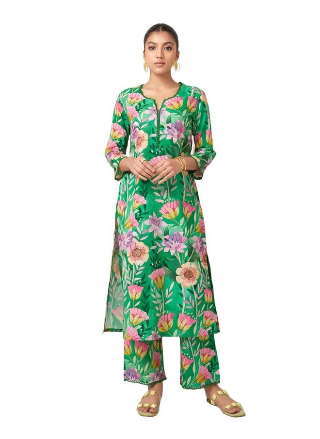 ANNI DESIGNER ANNI DESIGNER Women's Cotton Blend Straight Printed Kurta with Palazzo (Kanya Green_L_Green_Large)  - Image 1