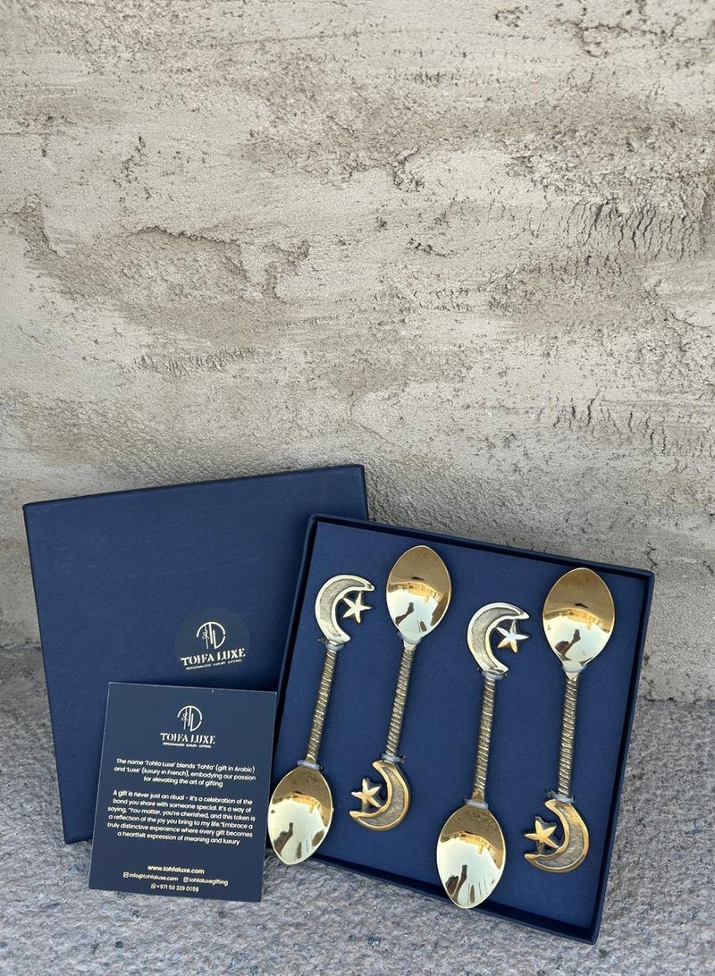 Tohfa Luxe Star & Moon Brass Dessert Spoon Set – Handcrafted Solid Brass | Celestial Star & Crescent Motifs | Set of 4 | 15 cm Each | Dessert - Image 1