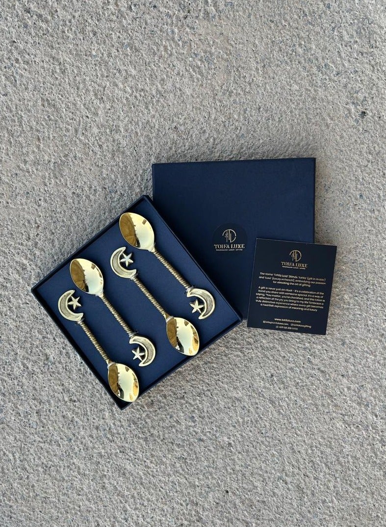Tohfa Luxe Star & Moon Brass Dessert Spoon Set – Handcrafted Solid Brass | Celestial Star & Crescent Motifs | Set of 4 | 15 cm Each | Dessert - Image 2