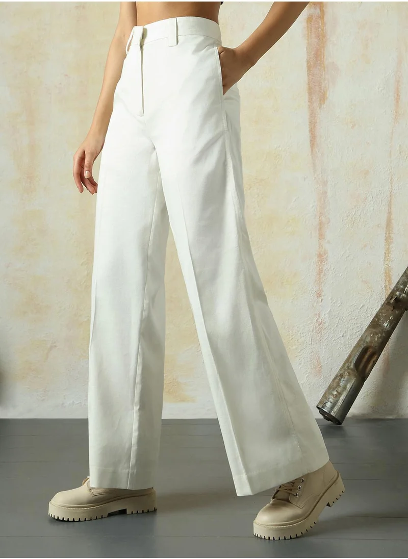 HIGH STAR Women's Marshmallow Cotton Blend Solid Full Length Chinos Wide Leg Trouser