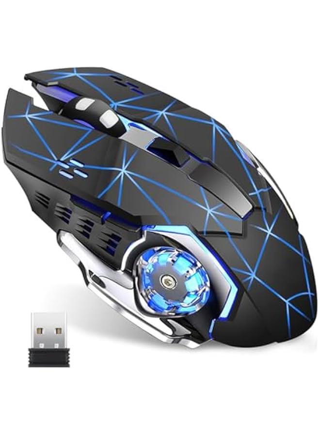 ماوس العاب لاسلكي وضع مزدوج RGB بلوتوث 5.1 USB صامت 2.4GHz قابل لاعادة الشحن 1600 نقطة لكل بوصة مع 6 ازرار 25 ساعة لويندوز/ماك اسود وازرق - Image 1
