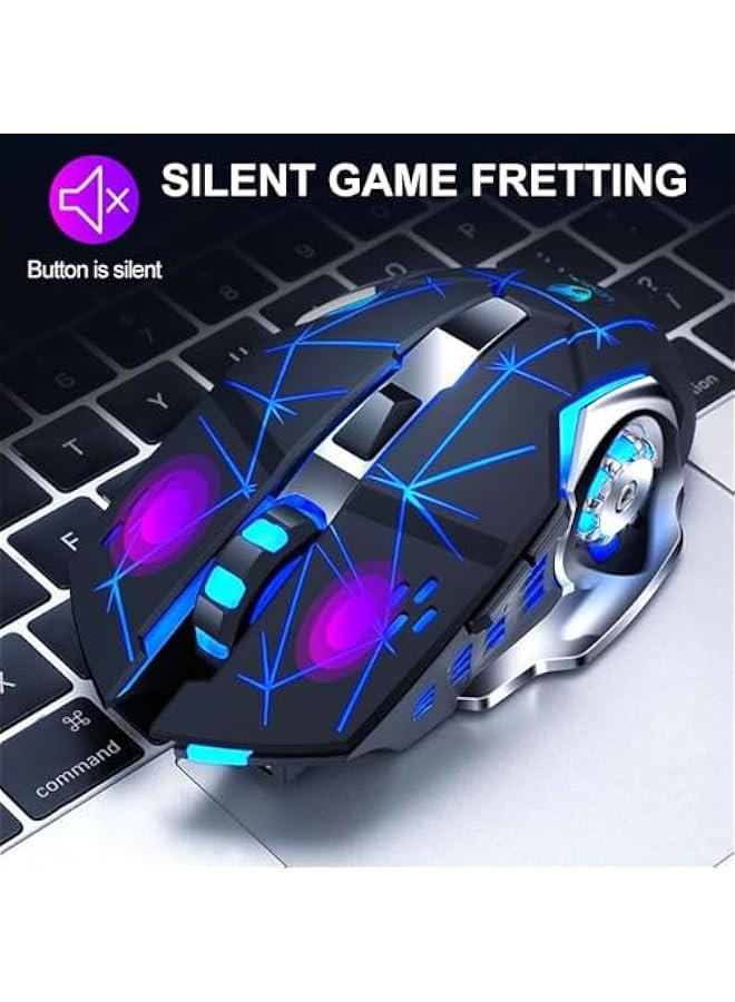 ماوس العاب لاسلكي وضع مزدوج RGB بلوتوث 5.1 USB صامت 2.4GHz قابل لاعادة الشحن 1600 نقطة لكل بوصة مع 6 ازرار 25 ساعة لويندوز/ماك اسود وازرق - Image 3