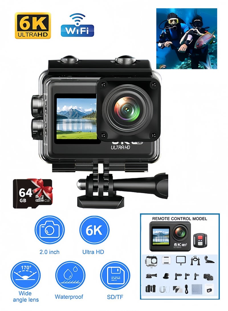6K Action Camera with Remote Control | EIS Anti-Shake & 170° Wide-Angle | Dual Color Screens (1.4" Front + 2.0" Rear) | WiFi App Control & IP68 Waterproof | Includes 64GB Micro TF Card | Ideal for Vlogging, Cycling, Travel Adventures - Image 1
