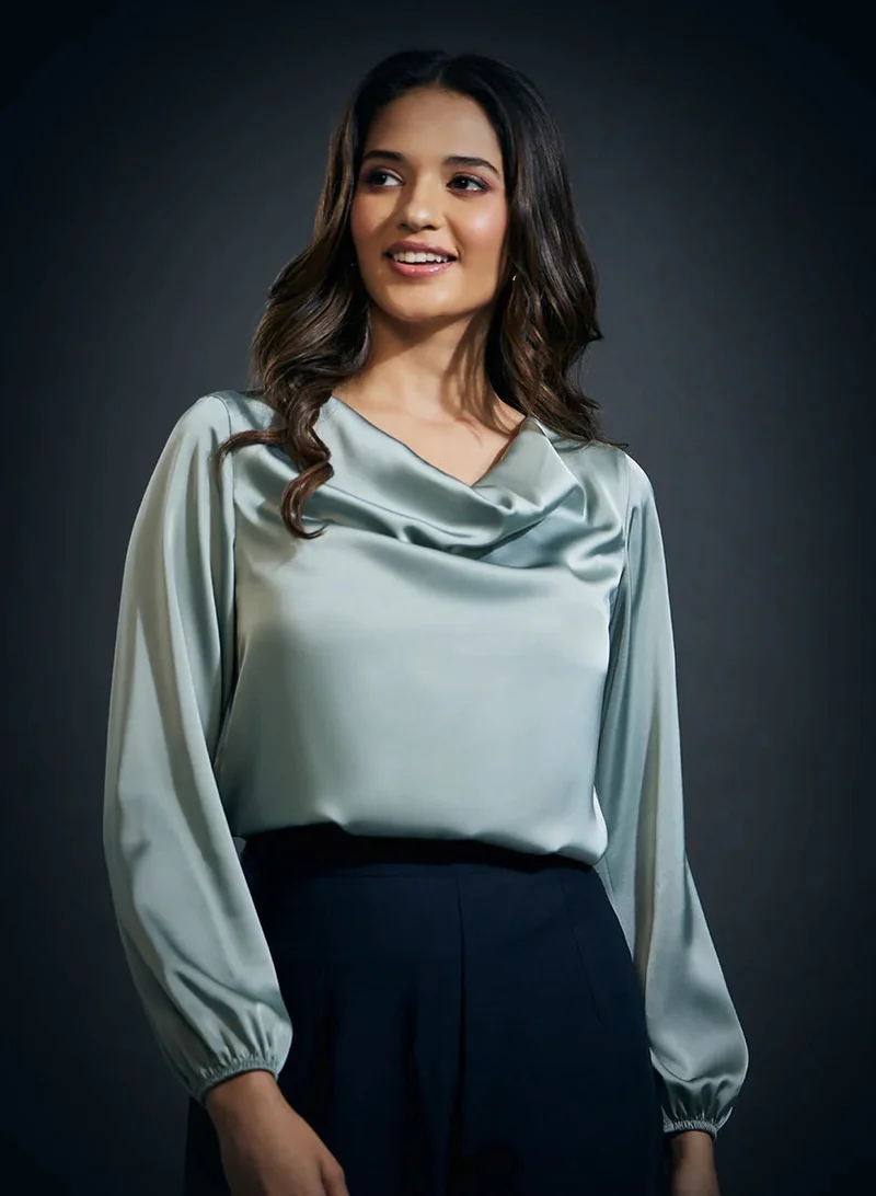 Zigzag Cowl Neck Long Sleeve Satin Top-Olive