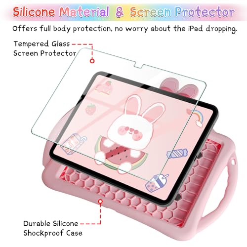 WESADN for iPad 10th Generation Case 109 Inch 2022 Kids Girls for iPad A16 Case 11th Gen 11 Inch 2025 with Screen Protector Shoulder Strap Kickstand Keychain Cute Rabbit Silicone Tablet CoverPink - Image 3