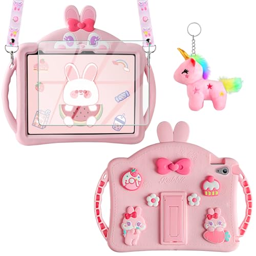 WESADN for iPad 10th Generation Case 109 Inch 2022 Kids Girls for iPad A16 Case 11th Gen 11 Inch 2025 with Screen Protector Shoulder Strap Kickstand Keychain Cute Rabbit Silicone Tablet CoverPink - Image 1