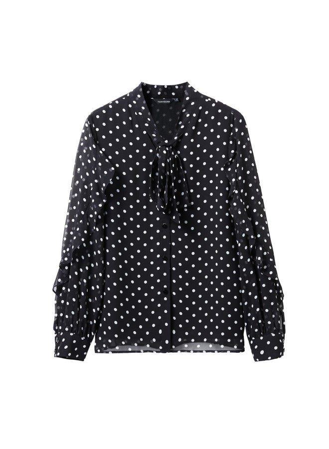 Yanyee Strap Black Polka Dot Blouse Women's Clothing, Spring Commuter Long-sleeve Inner Wear Top, Black Polka Dot, Xl/42 - Image 3