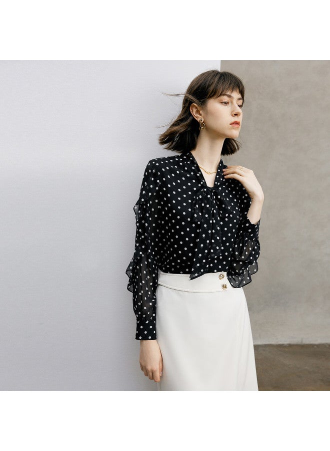 Yanyee Strap Black Polka Dot Blouse Women's Clothing, Spring Commuter Long-sleeve Inner Wear Top, Black Polka Dot, Xl/42 - Image 1