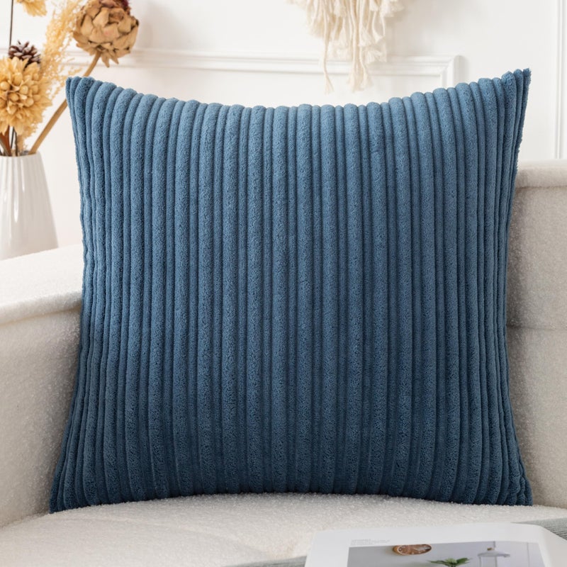 UGASA Velvet 18x18 Inch Soft Throw Pillow Cover Decorative Corduroy Striped Both Sides Solid Square Cushion Case Boho Farmhouse for Couch Bedroom Sofa Home 1 Piece Dusty Blue