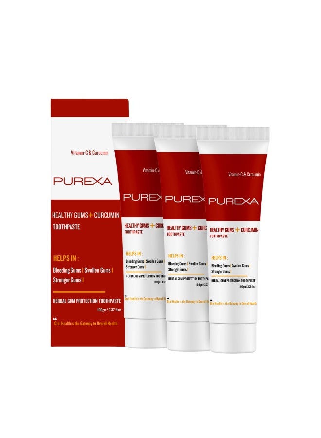 PUREXA Healthy Gums Curcumin Toothpaste Pack of 3 ( 100g Each ) | Reduces Gum Bleeding & Swelling | Protects Against Gum Problems | Strengthens Gums with Herbal Ingredients | Helps Prevent Bad Breath for Men & Women - Image 1