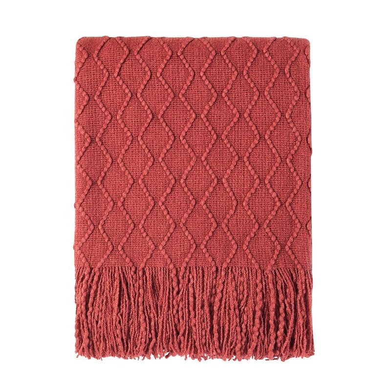 BOURINA Throw Blanket Textured Solid Soft Sofa Throw Couch Cover Knitted Decorative Blanket  50"" x 60"" Rust