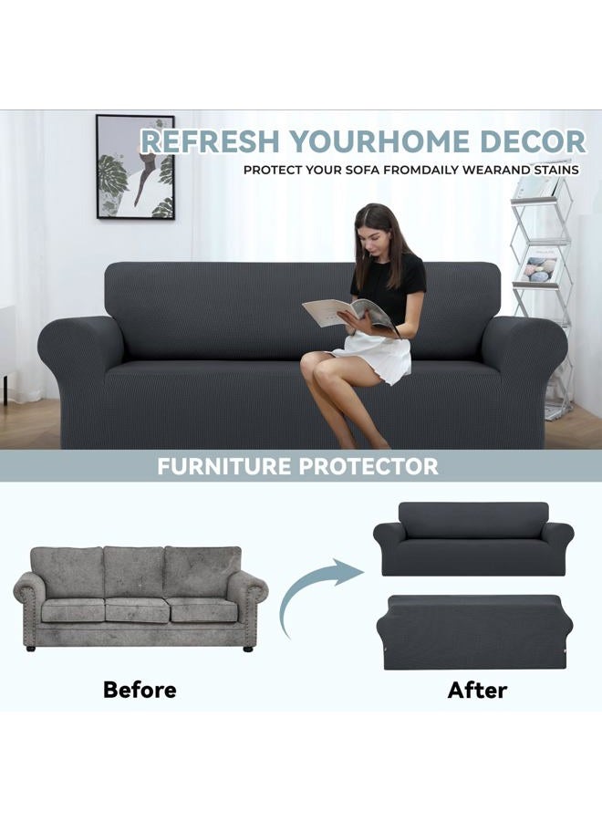 LURKA Stretch Sofa Covers - Spandex Non Slip Couch Sofa Slipcover, Soft with Elastic Bottom for Kids (Dark Grey, Large) - Image 3