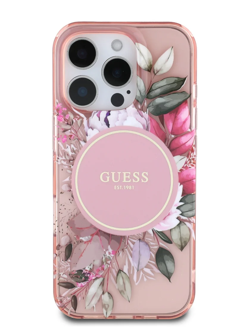 GUESS MagSafe IML Transparent Hard Case With Flower Design & Tonal Circle Logo for iPhone 16 Pro Max / Lightweight / High Quality Material - Pink