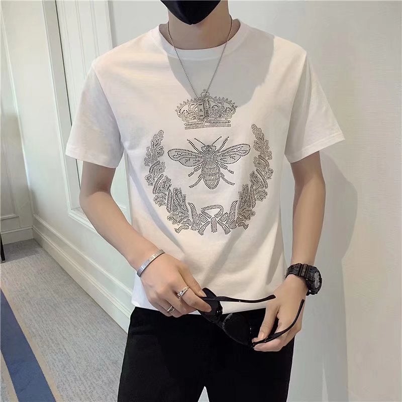 European Station Trendy Brand Drilling Bee T-Shirt Men'S Short-Sleeved 2024 Summer Trendy Ins European Pure Cotton Men'S Half-Sleeved - Image 1