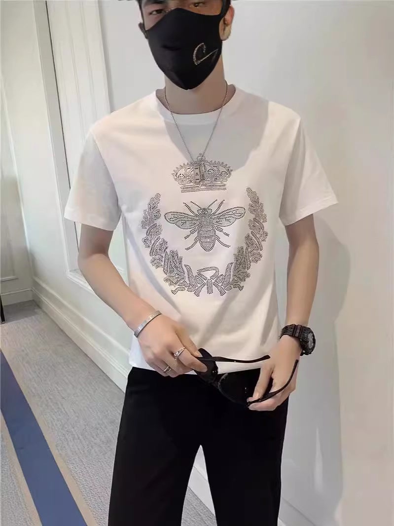 European Station Trendy Brand Drilling Bee T-Shirt Men'S Short-Sleeved 2024 Summer Trendy Ins European Pure Cotton Men'S Half-Sleeved - Image 2