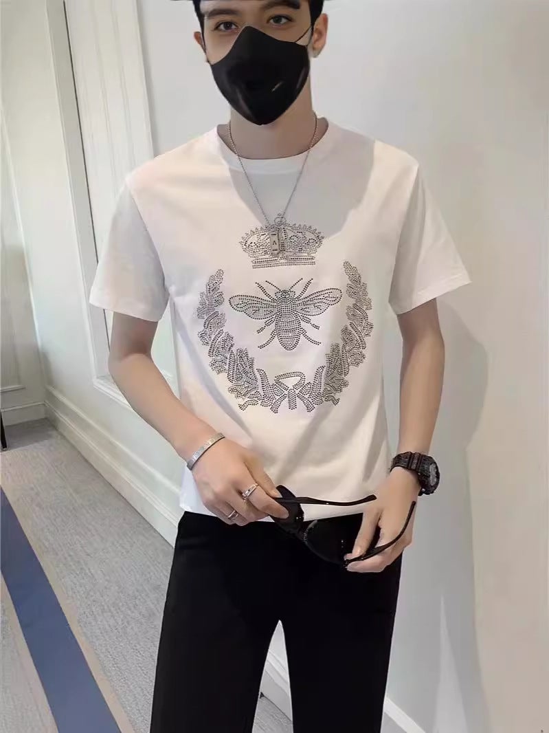 European Station Trendy Brand Drilling Bee T-Shirt Men'S Short-Sleeved 2024 Summer Trendy Ins European Pure Cotton Men'S Half-Sleeved - Image 3