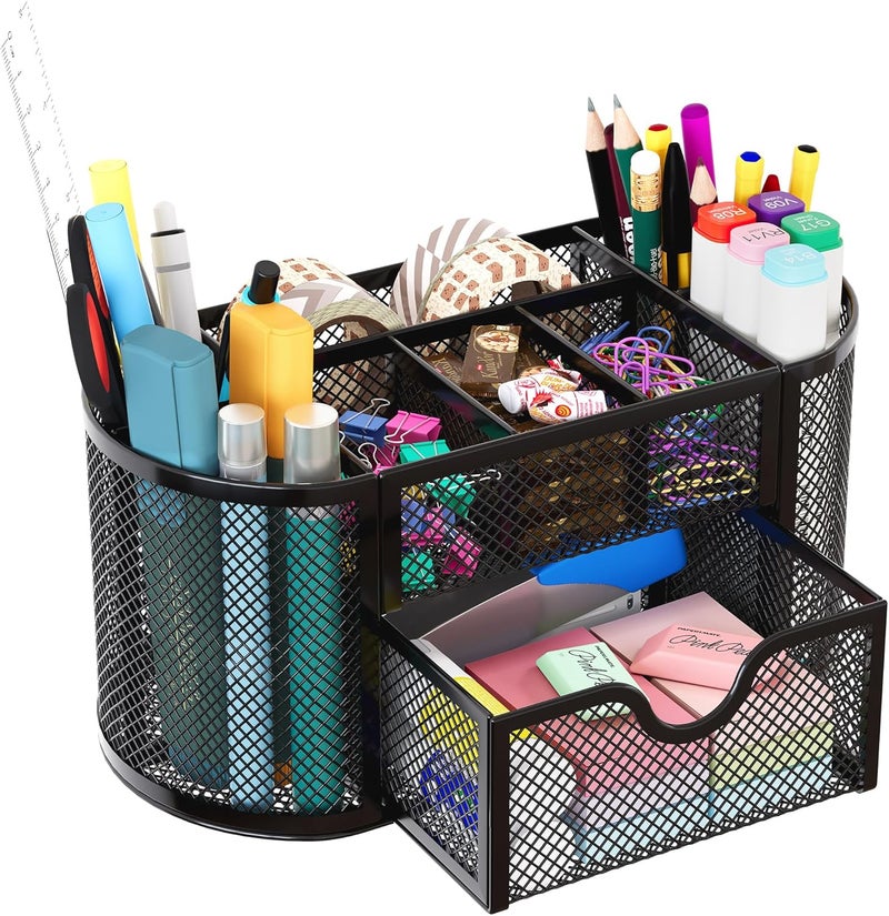 EasyPag Mesh Pen Holder Desk Organizer with Drawer Stationery Supplies Organizer for Dorm School 9 Compartments Workspace Desk Accessories Organization for Office, Black - Image 1
