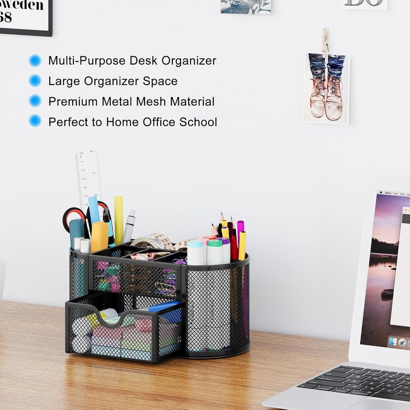 EasyPag Mesh Pen Holder Desk Organizer with Drawer Stationery Supplies Organizer for Dorm School 9 Compartments Workspace Desk Accessories Organization for Office, Black - Image 3