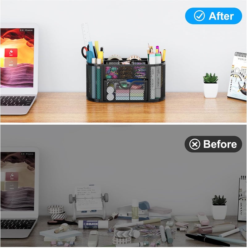 EasyPag Mesh Pen Holder Desk Organizer with Drawer Stationery Supplies Organizer for Dorm School 9 Compartments Workspace Desk Accessories Organization for Office, Black - Image 5