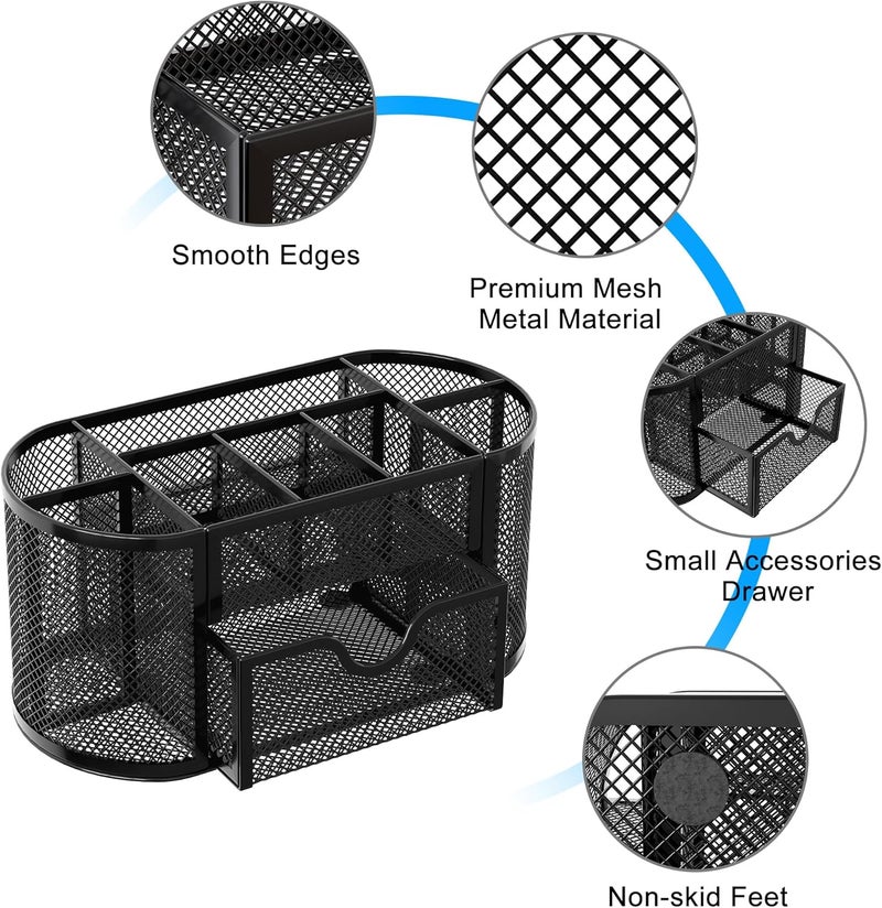 EasyPag Mesh Pen Holder Desk Organizer with Drawer Stationery Supplies Organizer for Dorm School 9 Compartments Workspace Desk Accessories Organization for Office, Black - Image 4