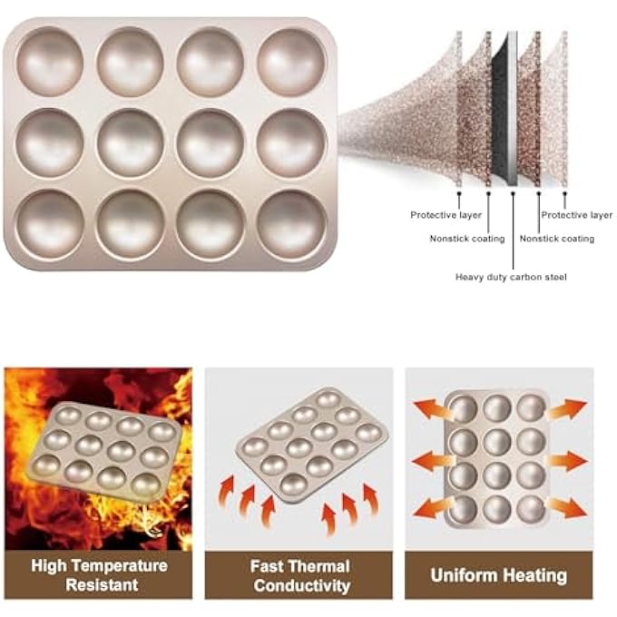 Semicircle Baking Mould Hemispherical Pastry Tray For Muffins Tarts Cake Bread Panna Cotta Mousse Pudding Cupcakes Jelly NonStick Carbon Steel Bakeware For Creative Desserts 12 Holes - Image 4